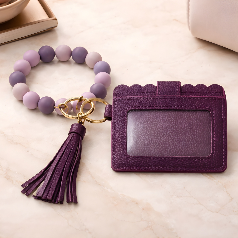 Scalloped Purple Card & Key Holder Wristlet with Tassel In Deep Purple